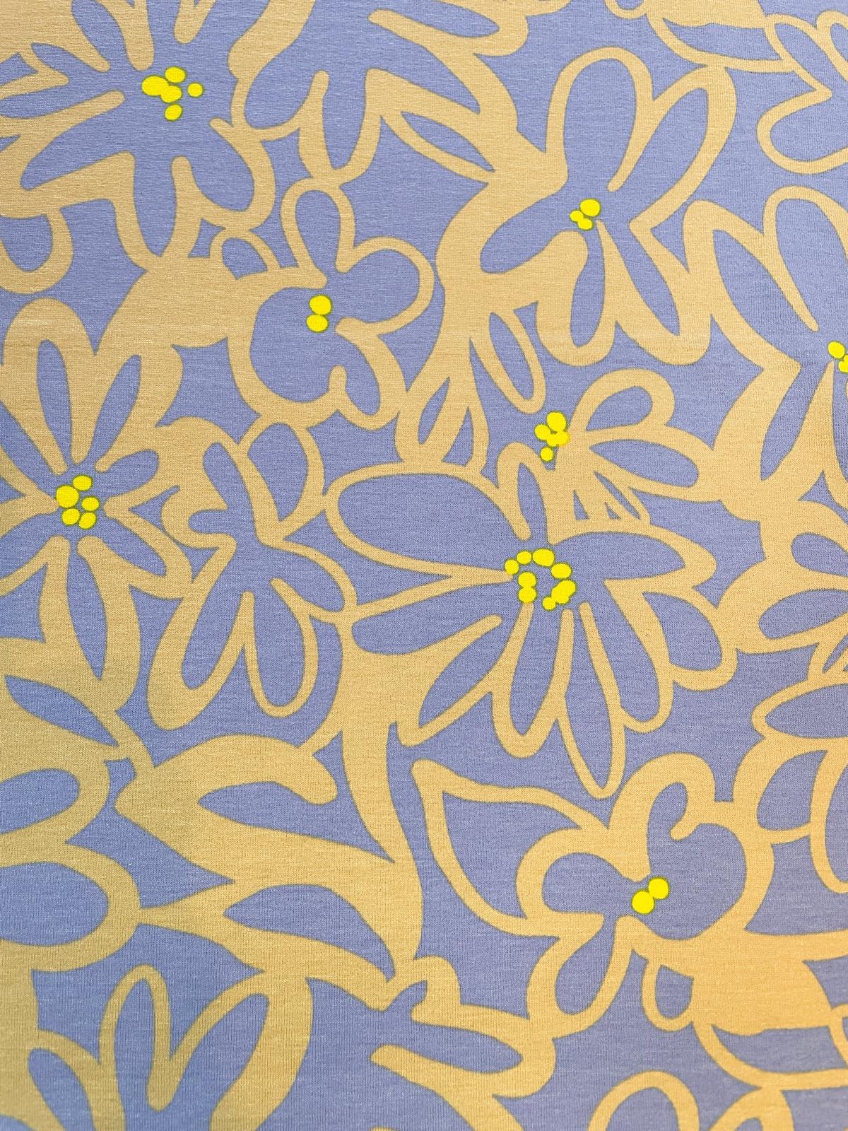 Viskosejersey „Abstract Bloom“ mit Blumenmuster beigegelb & Flieder 